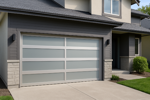 Aluminum garage door installation with frosted glass panels